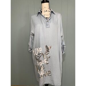 Made in Italy Denim Shirt Dress Distressed Graffiti‎ Print Roll Tab Sleeves